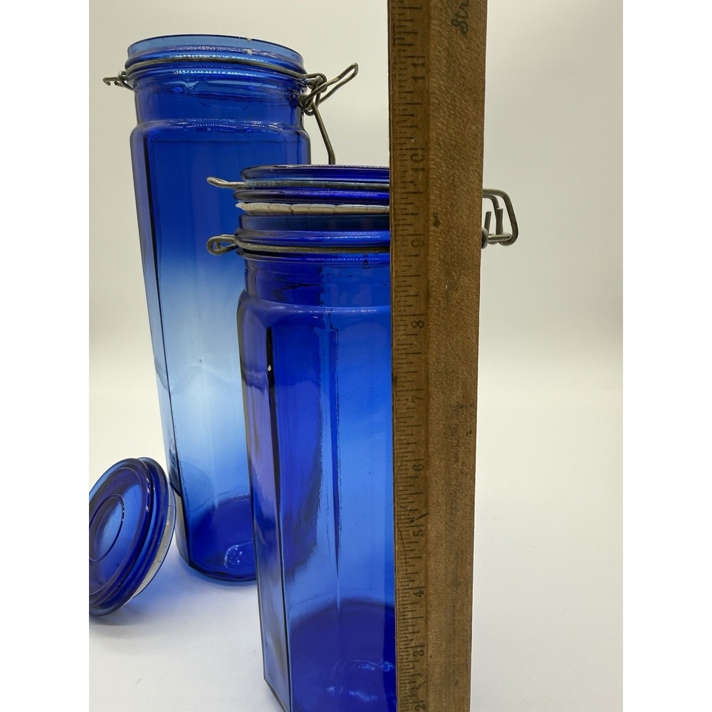 VTG Set Of 13" & 10" Cobalt Blue Glass 12-Panel Wire Bail Clamp Canisters w/Lids - Picture 5 of 9